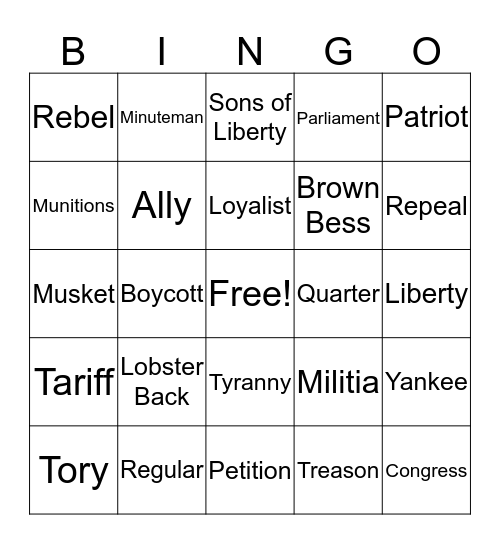 American Revolution Bingo Card