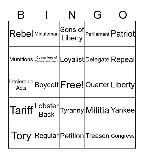 American Revolution Bingo Card