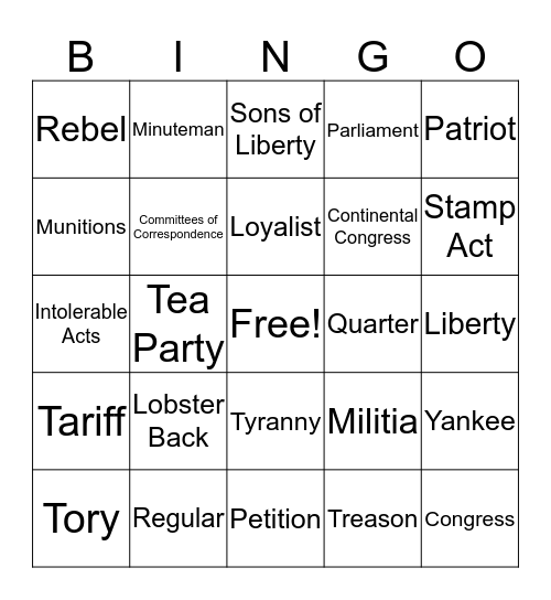 American Revolution Bingo Card