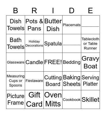 Bridal Bingo Card