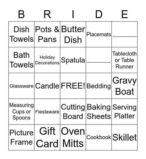 Bridal Bingo Card