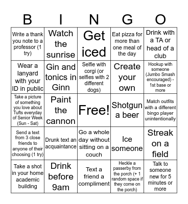 Senior Week Bingo Card