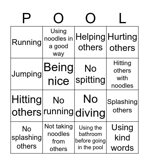 Good vs. Bad Pool Behavior Bingo Card