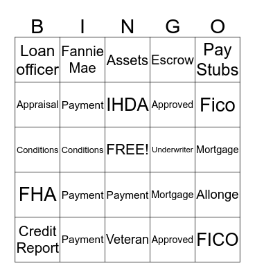 Mortgage Bingo Card