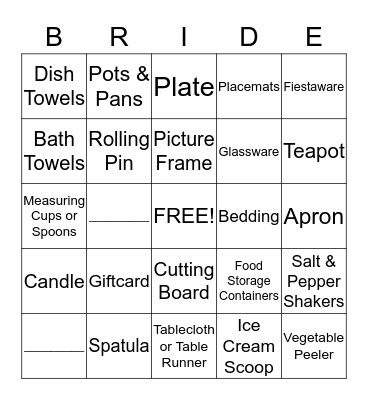 Bridal Bingo Card