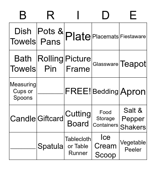 Bridal Bingo Card