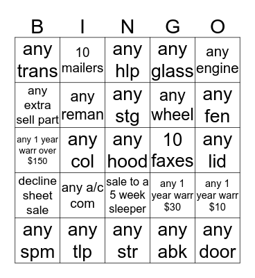 LKQ BINGO 07/05/13 Bingo Card