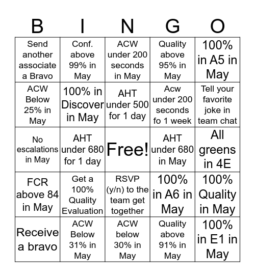 Team Klinginsmith Bingo Card