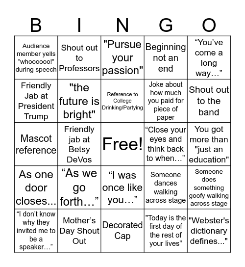 Commencement Bingo Card