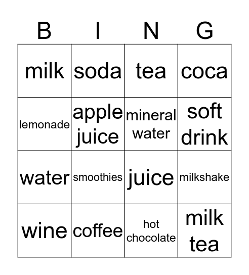 drinks Bingo Card