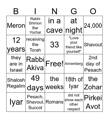Lag Baomer Bingo Card