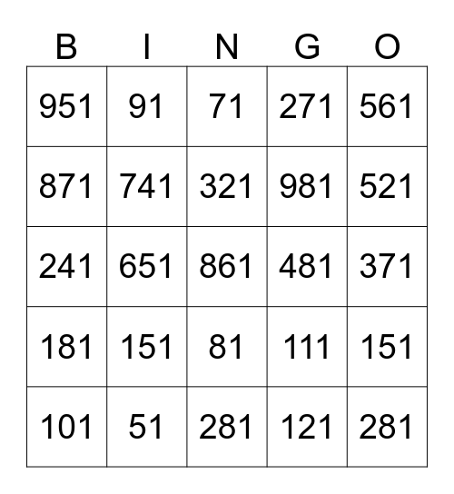 Numbers Bingo Card