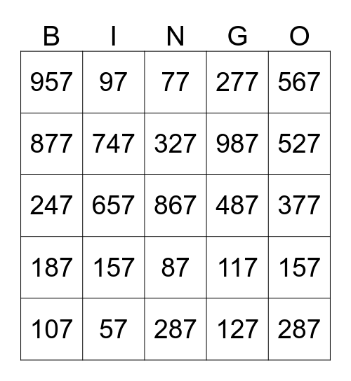 Numbers Bingo Card