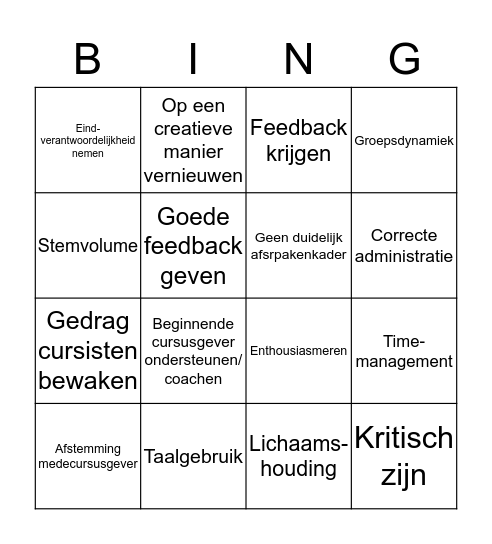 RollenspelBingo Instructeur Bingo Card