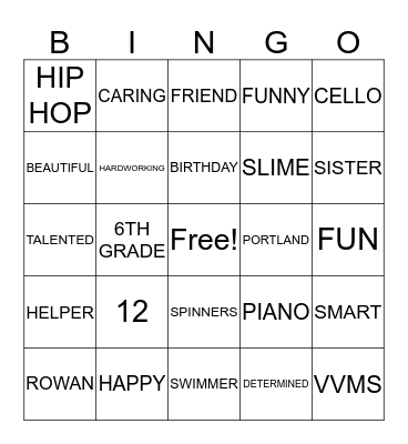 Rowan's Birthday Bingo Card