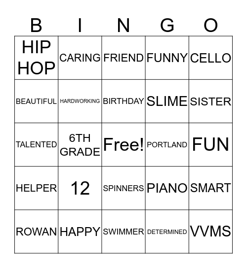 Rowan's Birthday Bingo Card