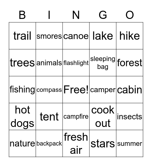 Camping Words Bingo Card