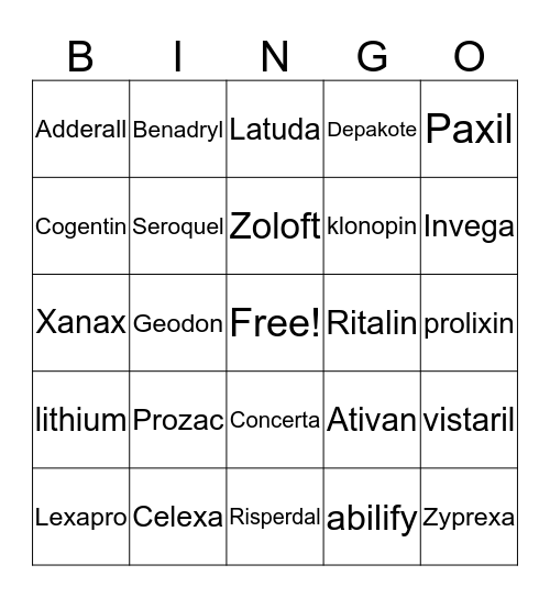 Medication Bingo Card