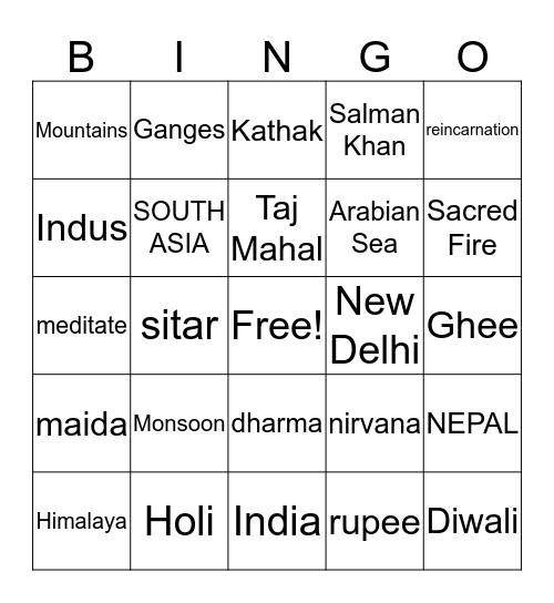 India Bingo! Bingo Card