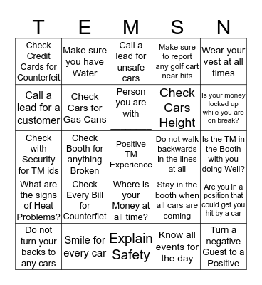 Tolls Every Team Member Safety Now Bingo Card