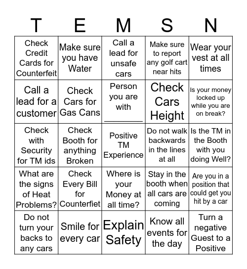 Tolls Every Team Member Safety Now Bingo Card