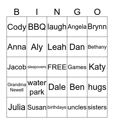 Summer Family Bingo Card