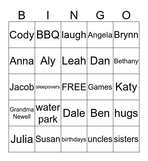 Summer Family Bingo Card