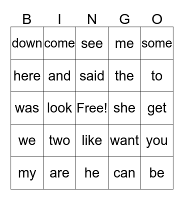 1st Grade Sight Words Bingo Card