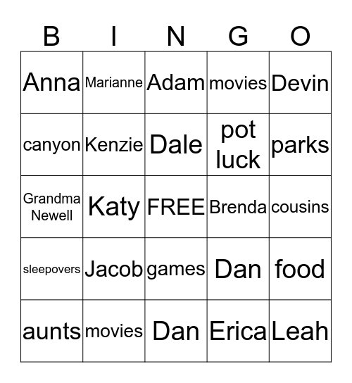 Summer Family Bingo Card