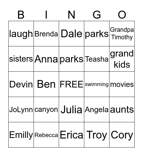 Summer Family Bingo Card