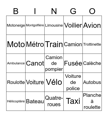 Bingo des moyens de transport Bingo Card