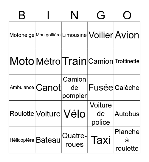 Bingo des moyens de transport Bingo Card