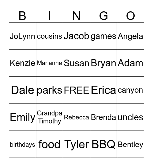 Summer Family Bingo Card