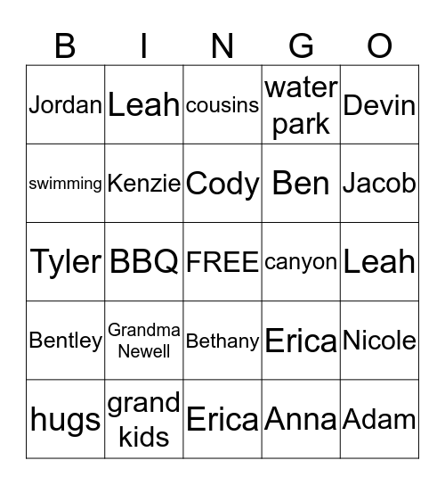 Summer Family Bingo Card