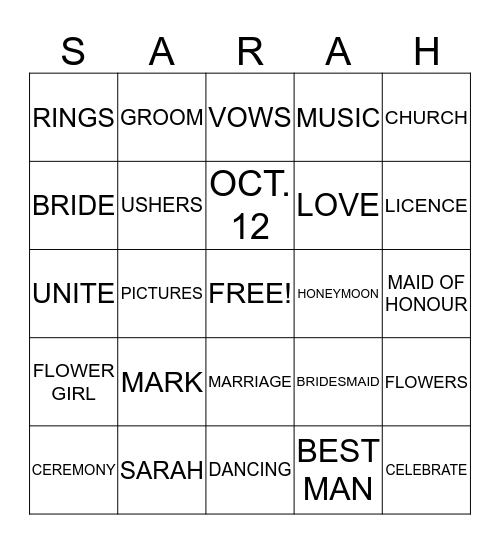 Wedding Bingo Card