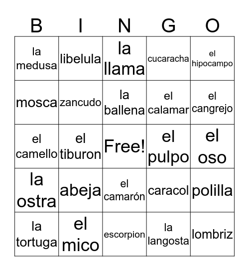 Animales Bingo Card