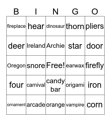 Vocalic /r/ Bingo Card