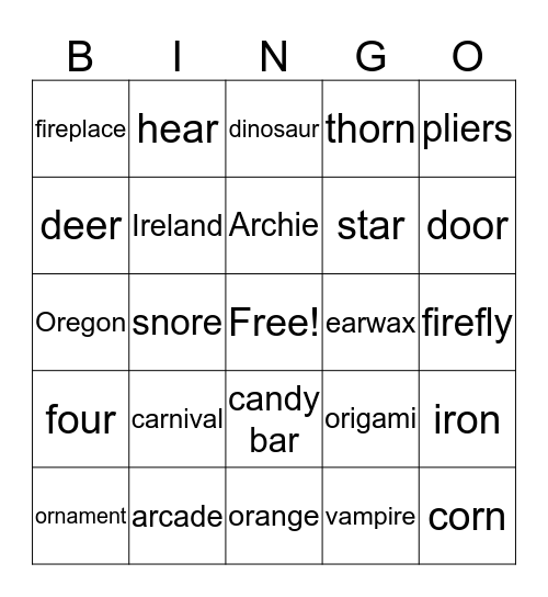 Vocalic /r/ Bingo Card