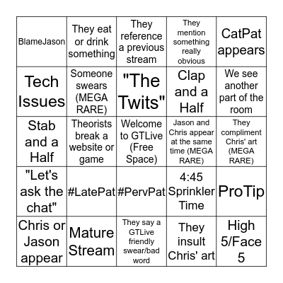 GTLive Bingo Card