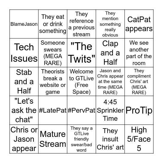 GTLive Bingo Card