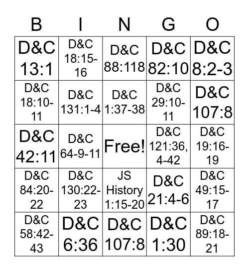 Church History and Doctrine and Covenants Bingo Card