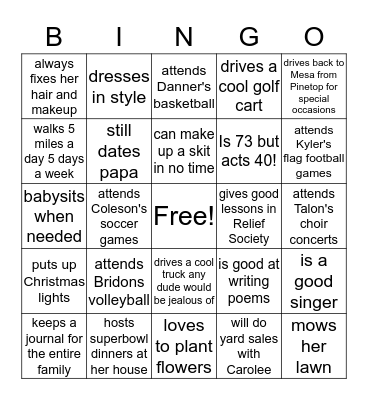 mom Bingo Card