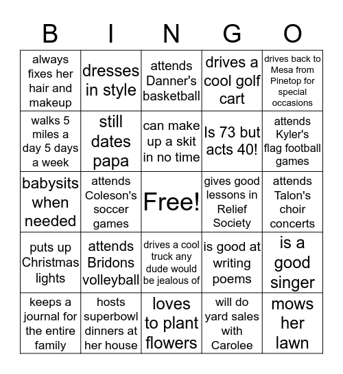 mom Bingo Card