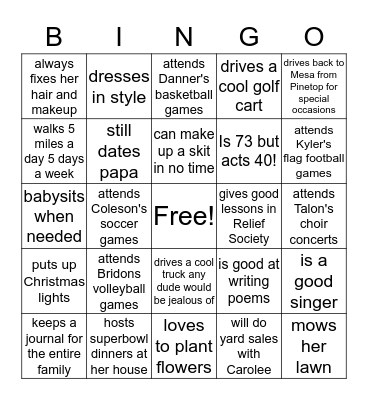 mom Bingo Card