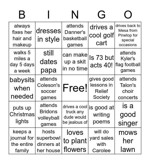 mom Bingo Card