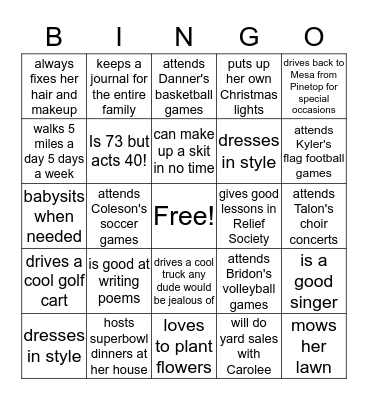 mom Bingo Card