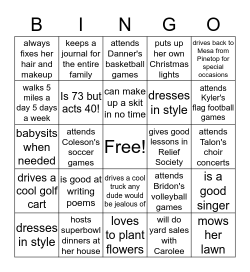 mom Bingo Card