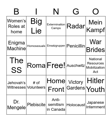 War At Home/Holocaust Bingo Card