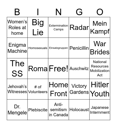 War At Home/Holocaust Bingo Card