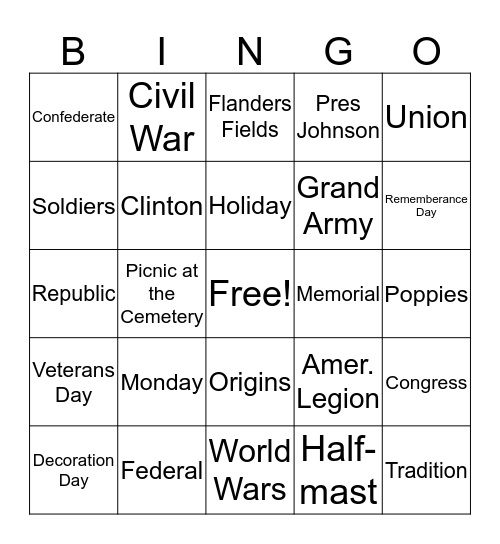 Memorial Day Bingo Card